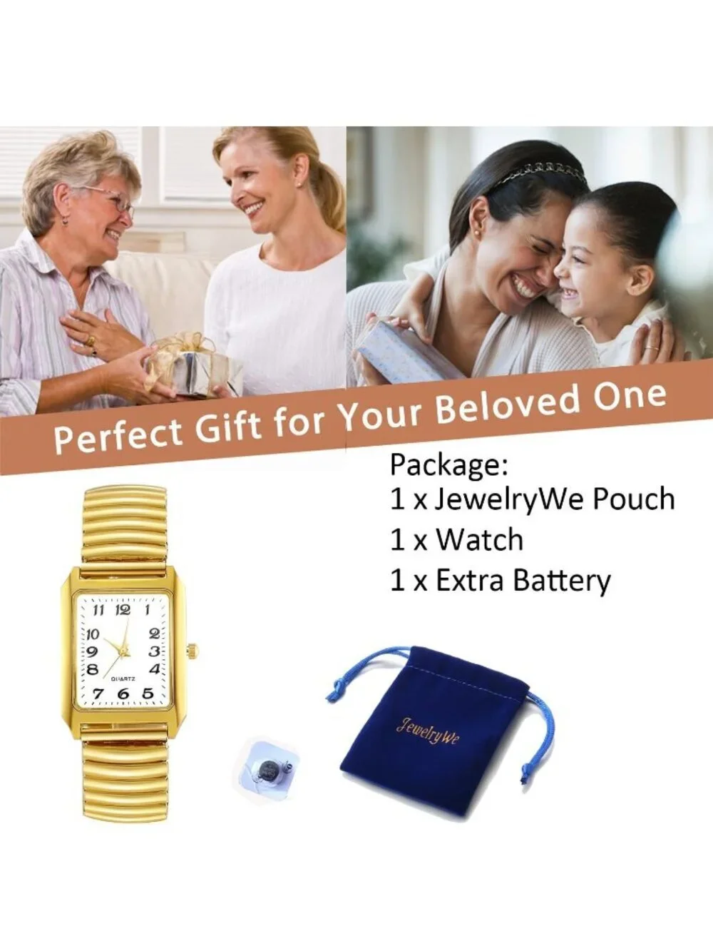 Women's Gold Analog Quartz Big Dial Easy Reader Stretch Band Square Wrist Watch